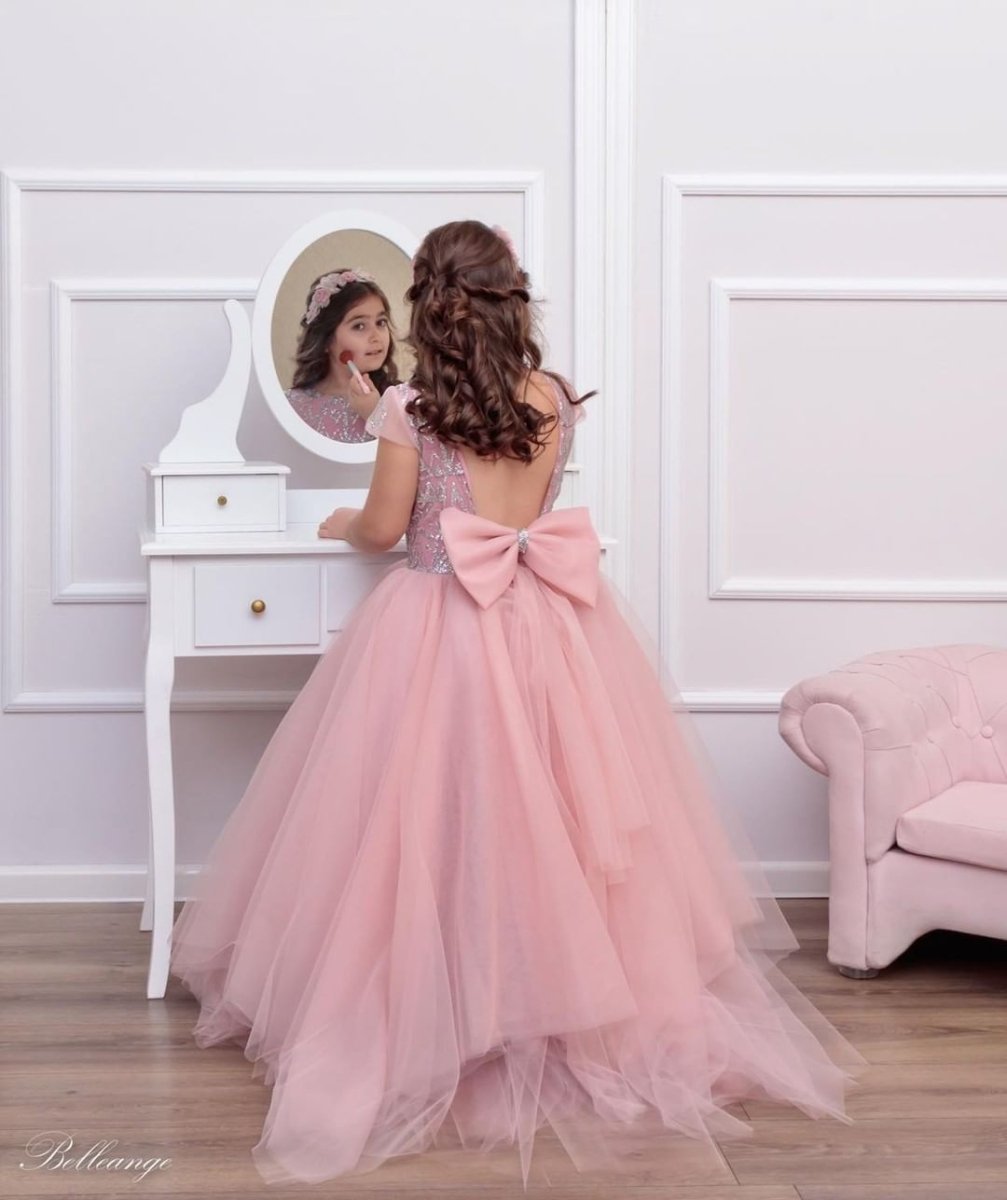 NumberSea - Beautiful Long A - line Bateau Sequins Lace Backless Tulle Flower Girl Dress With Bowknot