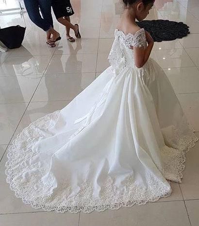 NumberSea - Beautiful Long A - line Satin Lace Flower Girl Dress with Beads