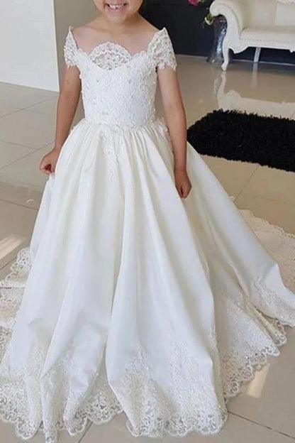 NumberSea - Beautiful Long A - line Satin Lace Flower Girl Dress with Beads