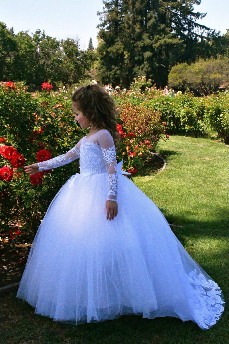 NumberSea - Beautiful Long A - line Tulle Lace Beaded Flower Girl Dresses With Sleeves