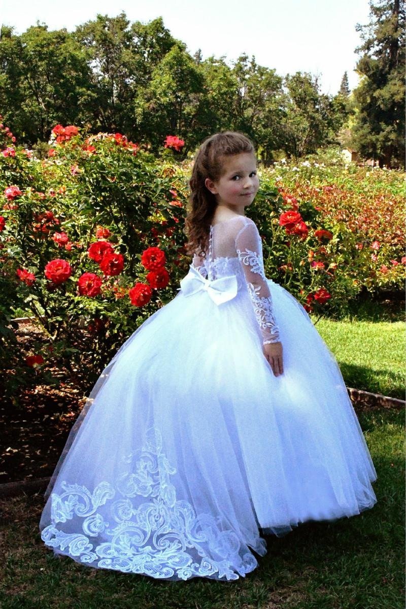 NumberSea - Beautiful Long A - line Tulle Lace Beaded Flower Girl Dresses With Sleeves