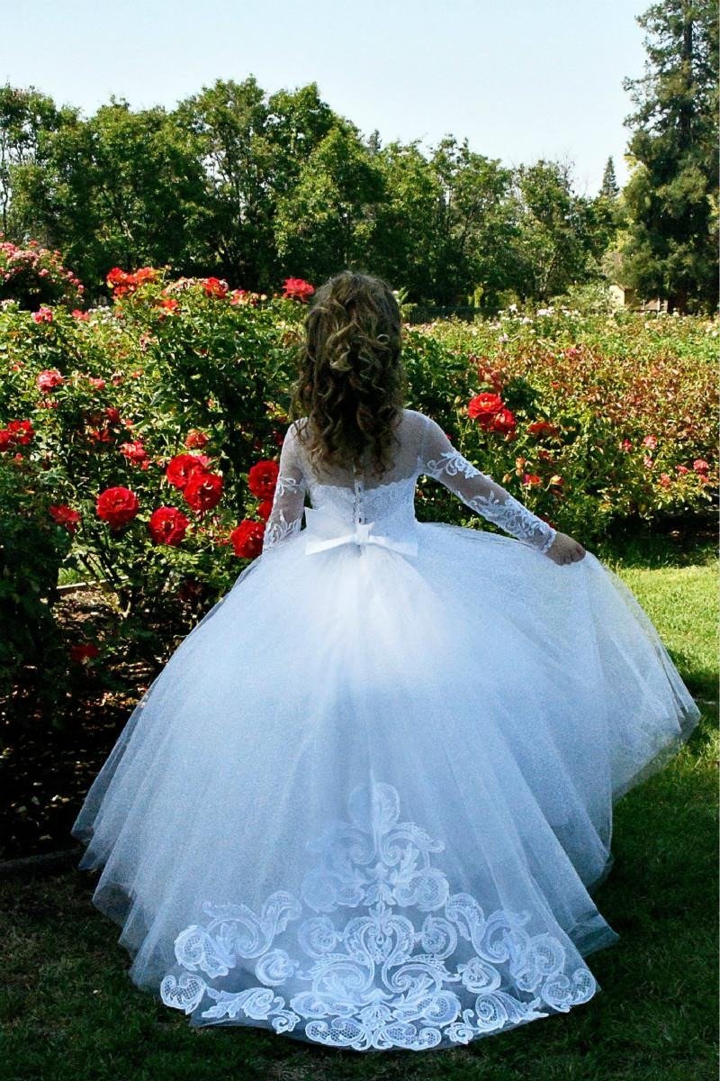 NumberSea - Beautiful Long A - line Tulle Lace Beaded Flower Girl Dresses With Sleeves