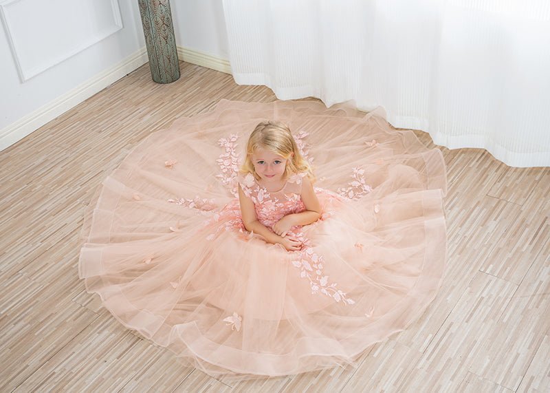 NumberSea - Beautiful Long Ball Gown Tulle Appliques Lace Flower girl dress