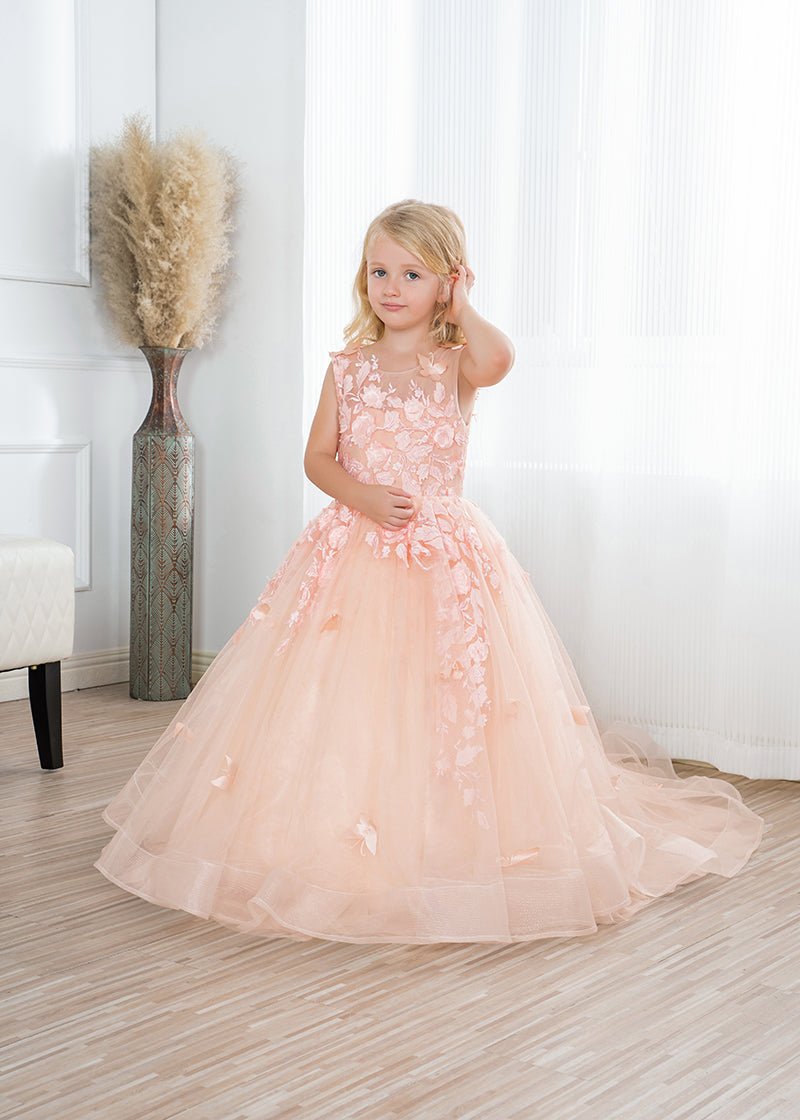 NumberSea - Beautiful Long Ball Gown Tulle Appliques Lace Flower girl dress