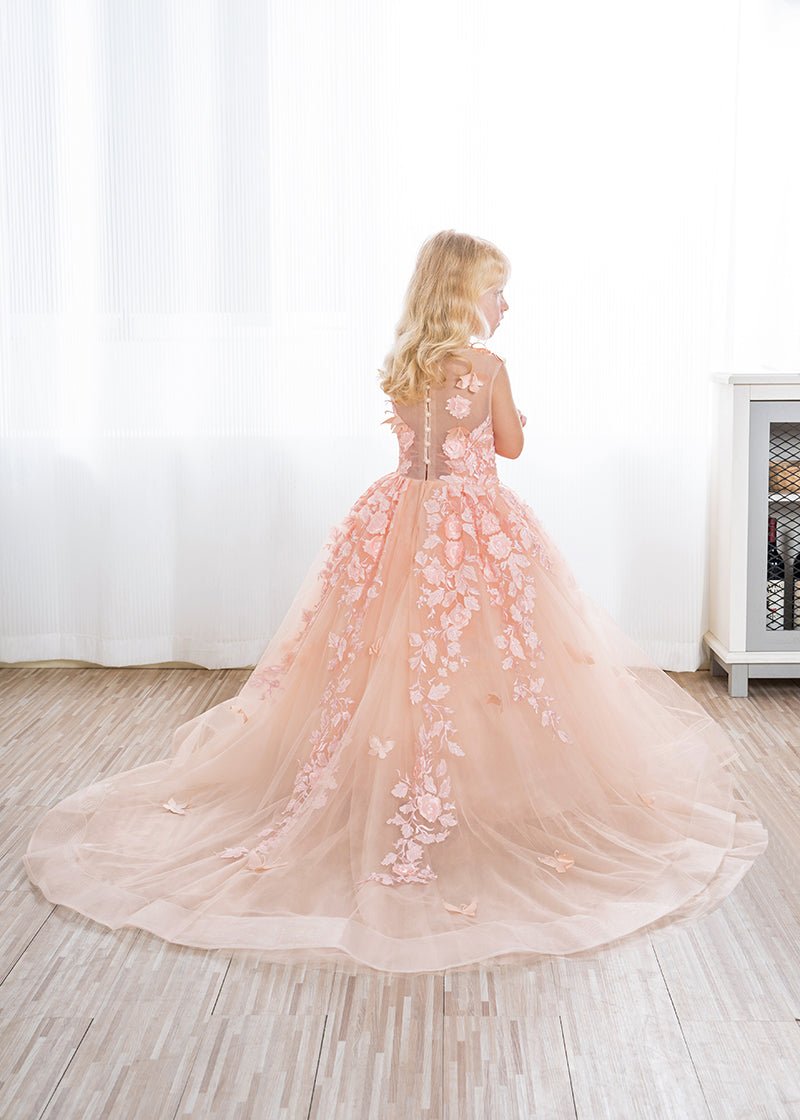 NumberSea - Beautiful Long Ball Gown Tulle Appliques Lace Flower girl dress