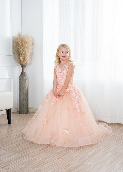 NumberSea - Beautiful Long Ball Gown Tulle Appliques Lace Flower girl dress