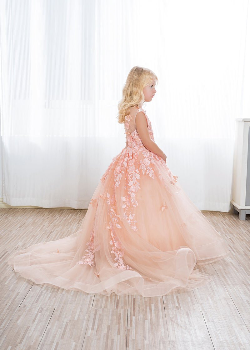 NumberSea - Beautiful Long Ball Gown Tulle Appliques Lace Flower girl dress