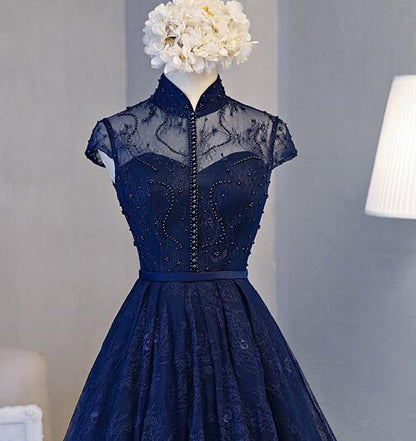 NumberSea - Beautiful Navy Blue Knee Length Lace Party Dress, Homecoming Dress