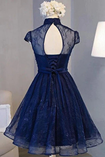 NumberSea - Beautiful Navy Blue Knee Length Lace Party Dress, Homecoming Dress