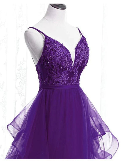 NumberSea - Beautiful Purple Tulle Layers with Lace Long Evening Dresses, Purple Prom Dress Party Dresses