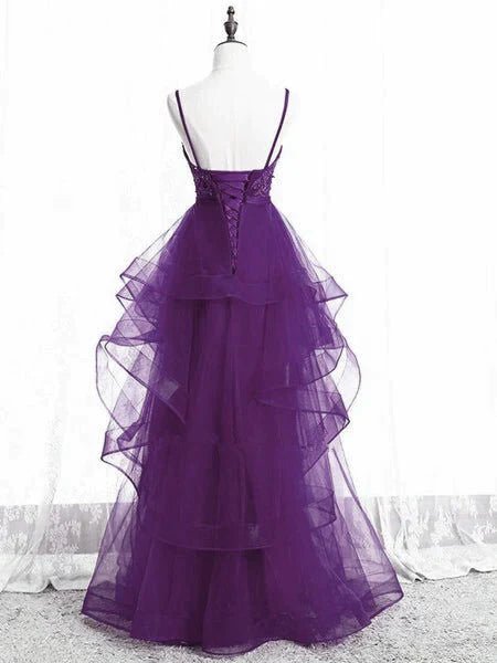 NumberSea - Beautiful Purple Tulle Layers with Lace Long Evening Dresses, Purple Prom Dress Party Dresses