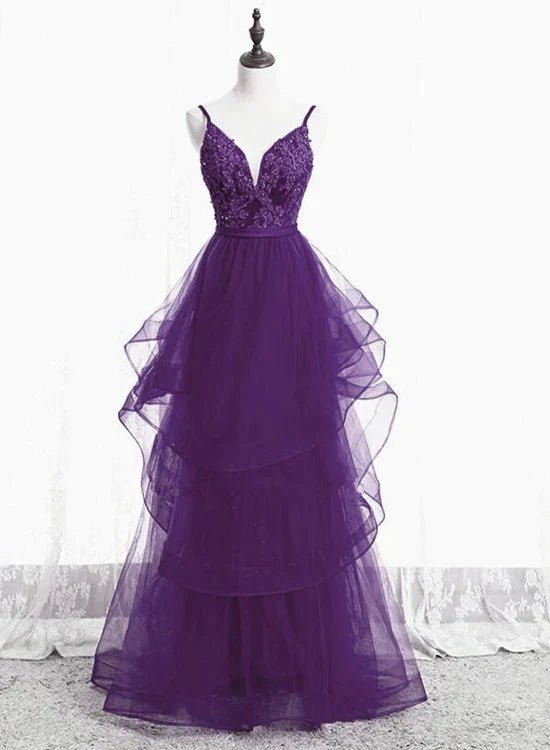 NumberSea - Beautiful Purple Tulle Layers with Lace Long Evening Dresses, Purple Prom Dress Party Dresses