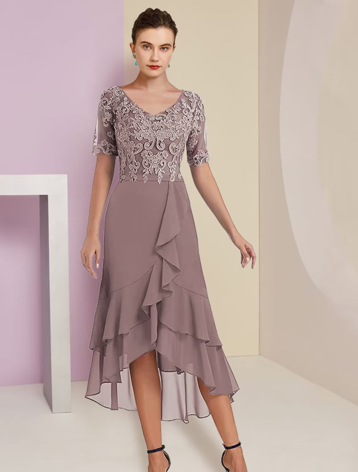 Zweiteiliges A-Linien-Kleid für die Mutter der Braut, formeller Hochzeitsgast, elegant, hoher Tiefausschnitt, V-Ausschnitt, asymmetrisch, wadenlang, Chiffon, Spitze, kurze Ärmel, 3/4-Ärmel, Wickelärmel, inklusive Applikationen