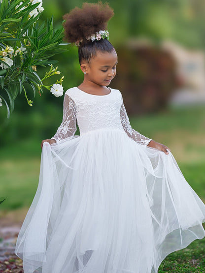 Girl Peony Lace Back A-Line Straight Tutu Tulle Party Flower Girl Dress