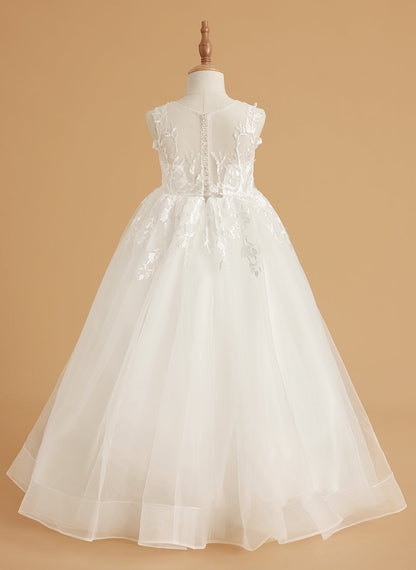 Ivory Lace and Tulle Flower Girl Dress with Floor-Length Design and Elegant Bow (2003227417)