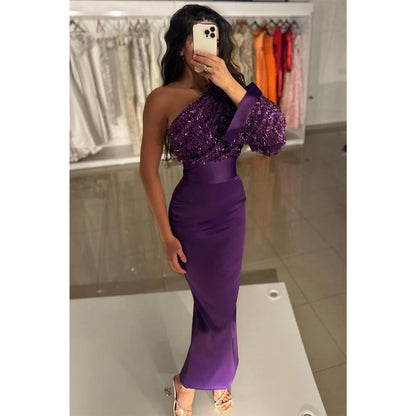 Purple One Shoulder Sequins Long Prom Dress Evening Gowns