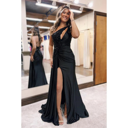 NumberSea - Black Beaded One Shoulde Satin Pleats Long Prom Dress with Slit Evening Gown