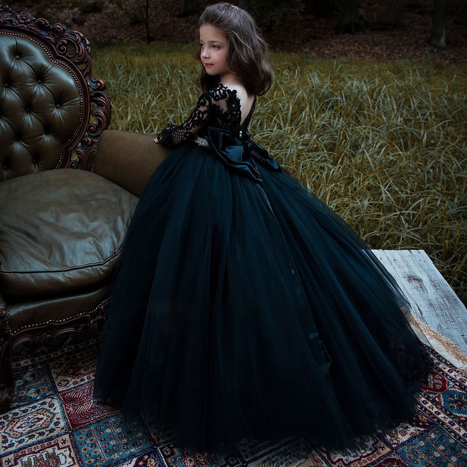 NumberSea - Black Long Sleeve Appliques Lace Pearl Bateau Tulle Princess Flower Girl Dress