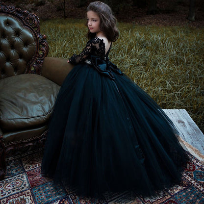 NumberSea - Black Long Sleeve Appliques Lace Pearl Bateau Tulle Princess Flower Girl Dress