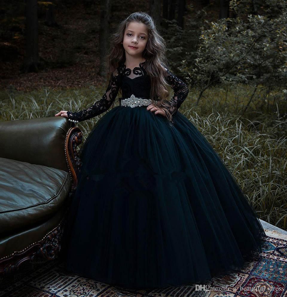 NumberSea - Black Long Sleeve Appliques Lace Pearl Bateau Tulle Princess Flower Girl Dress