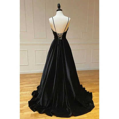 NumberSea - Black Velvet A - line V - neck Spaghetti Straps Long Simple Prom Dress