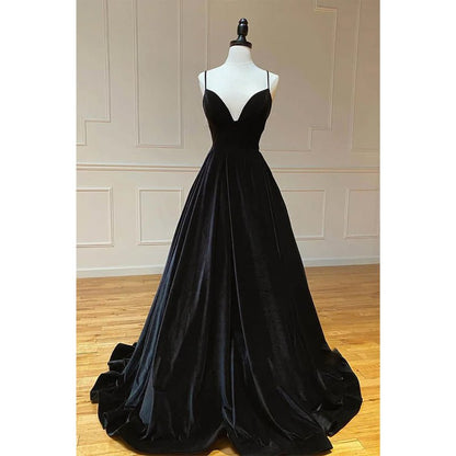 NumberSea - Black Velvet A - line V - neck Spaghetti Straps Long Simple Prom Dress