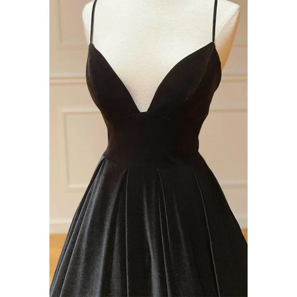 NumberSea - Black Velvet A - line V - neck Spaghetti Straps Long Simple Prom Dress