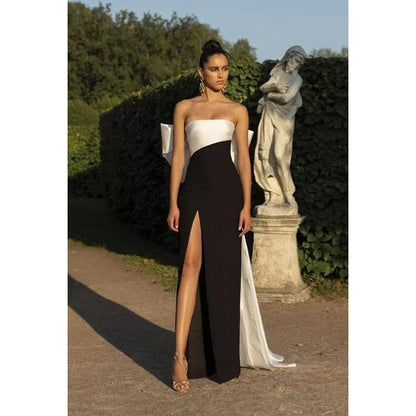 NumberSea - Black White Sheath Strapless Sleeveless Long Evening Dress With Bow