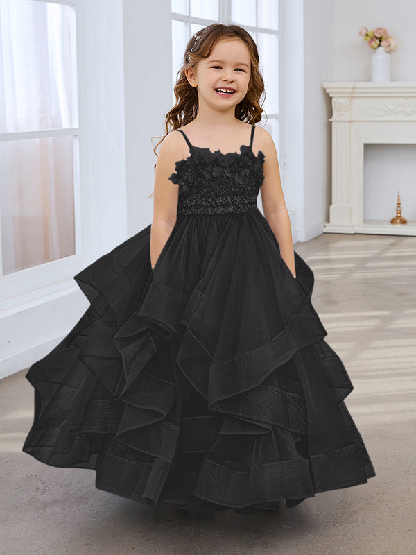 Slate Blue A-Line Princess Sleeveless Tulle Flower Girl Dress