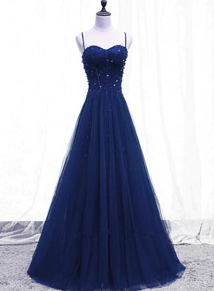 NumberSea - Blue Beaded Straps A - line Tulle New Prom Dress Party Dress, Blue Floor Length Party Dress