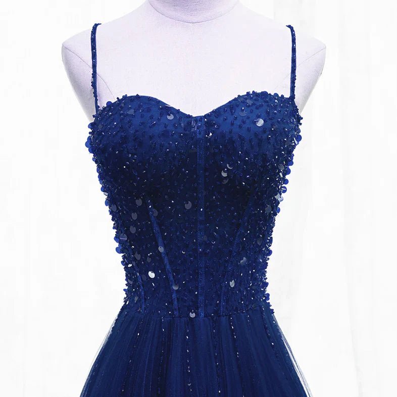 NumberSea - Blue Beaded Straps A - line Tulle New Prom Dress Party Dress, Blue Floor Length Party Dress