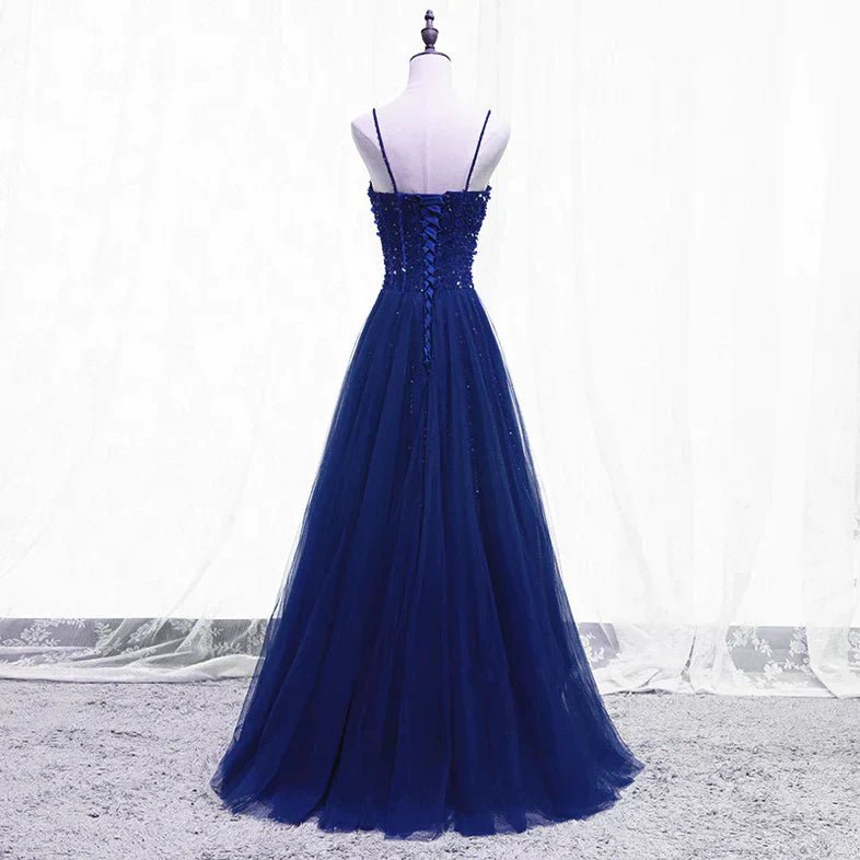 NumberSea - Blue Beaded Straps A - line Tulle New Prom Dress Party Dress, Blue Floor Length Party Dress