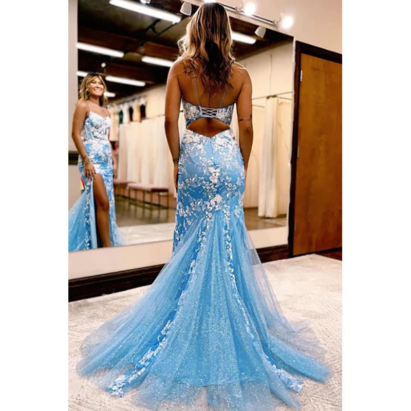 NumberSea - Blue Open Back Mermaid Lace Prom Dress with Slit