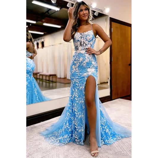 NumberSea - Blue Open Back Mermaid Lace Prom Dress with Slit