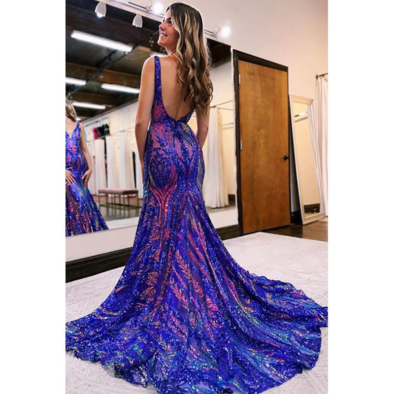 NumberSea - Blue Sequin Lace V Neck Mermaid Long Prom Dresses