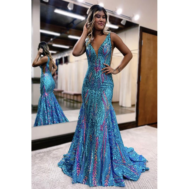 NumberSea - Blue Sequin Lace V Neck Mermaid Long Prom Dresses