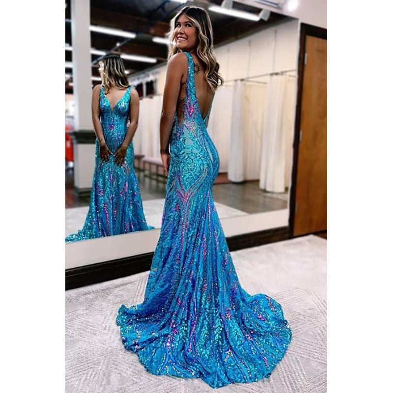 NumberSea - Blue Sequin Lace V Neck Mermaid Long Prom Dresses