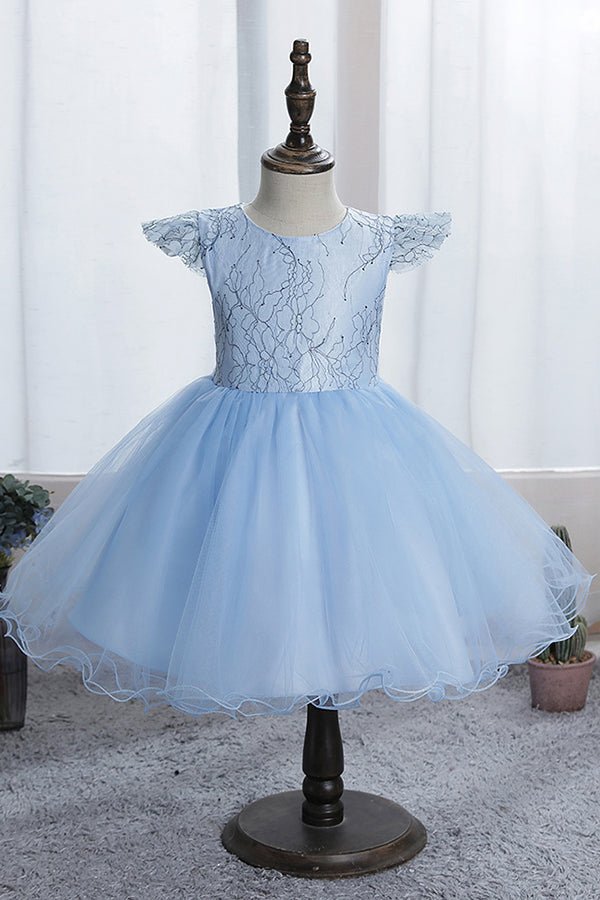 NumberSea - Blue Short Ball Gown Scoop Tulle Lace Flower Girl Dresses with Cap Sleeve