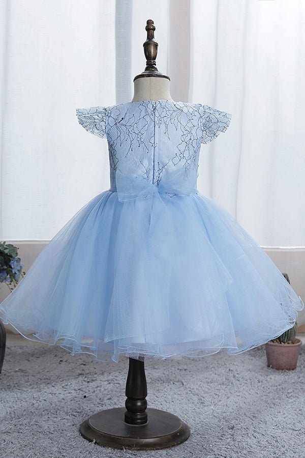 NumberSea - Blue Short Ball Gown Scoop Tulle Lace Flower Girl Dresses with Cap Sleeve