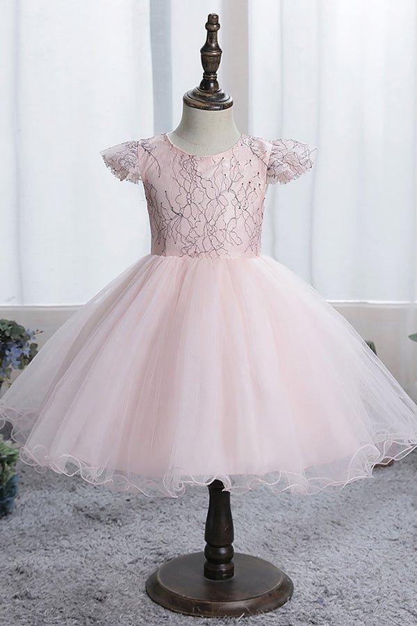 NumberSea - Blue Short Ball Gown Scoop Tulle Lace Flower Girl Dresses with Cap Sleeve