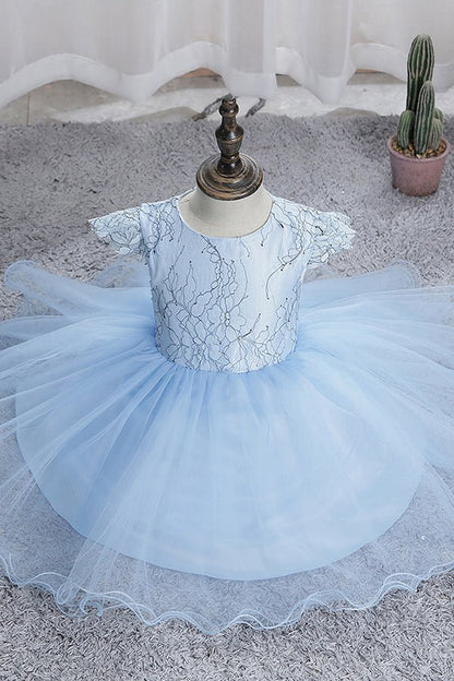 NumberSea - Blue Short Ball Gown Scoop Tulle Lace Flower Girl Dresses with Cap Sleeve