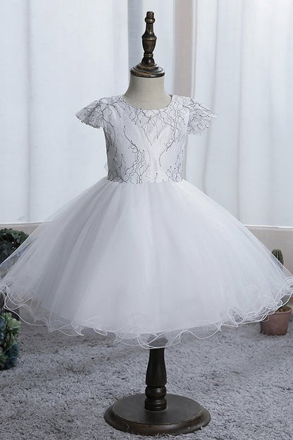 NumberSea - Blue Short Ball Gown Scoop Tulle Lace Flower Girl Dresses with Cap Sleeve