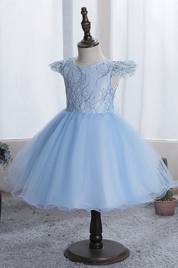 NumberSea - Blue Short Ball Gown Scoop Tulle Lace Flower Girl Dresses with Cap Sleeve