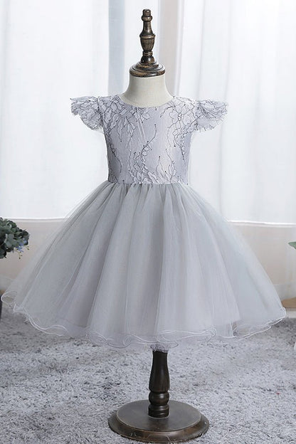 NumberSea - Blue Short Ball Gown Scoop Tulle Lace Flower Girl Dresses with Cap Sleeve