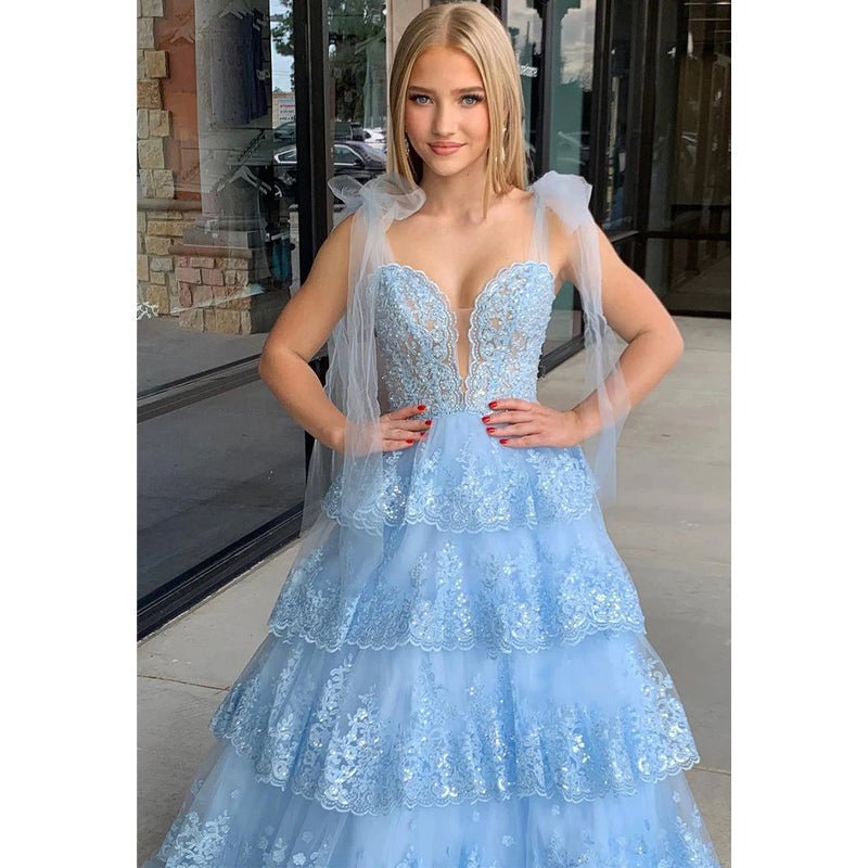 NumberSea - Blue V - neck Illusion Applique Sequins Long Prom Dress Evening Gowns