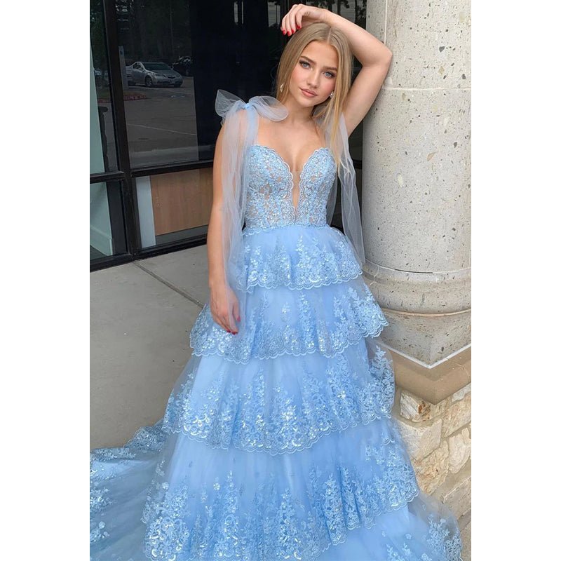 NumberSea - Blue V - neck Illusion Applique Sequins Long Prom Dress Evening Gowns