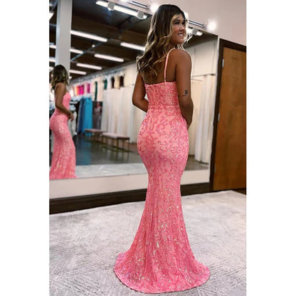 NumberSea - Blush Spaghetti Straps Sequins Mermaid Prom Dress