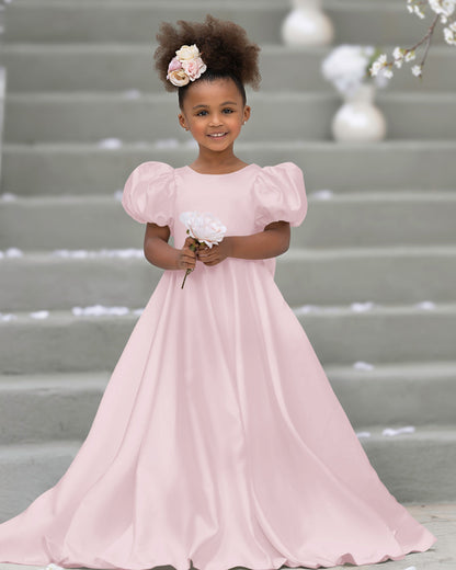 Puff Sleeve Bow Button Back Sweep Train Flower Girl Dress