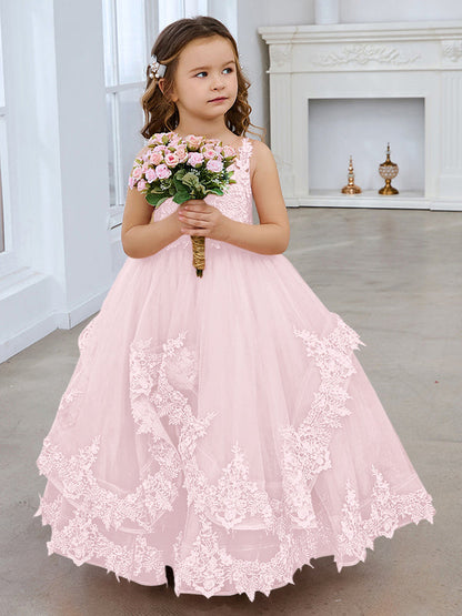 Princess Sleeveless Tulle Gown with Lace Appliques and Sweep Train for Girls