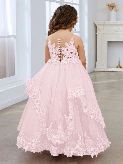 Princess Sleeveless Tulle Gown with Lace Appliques and Sweep Train for Girls